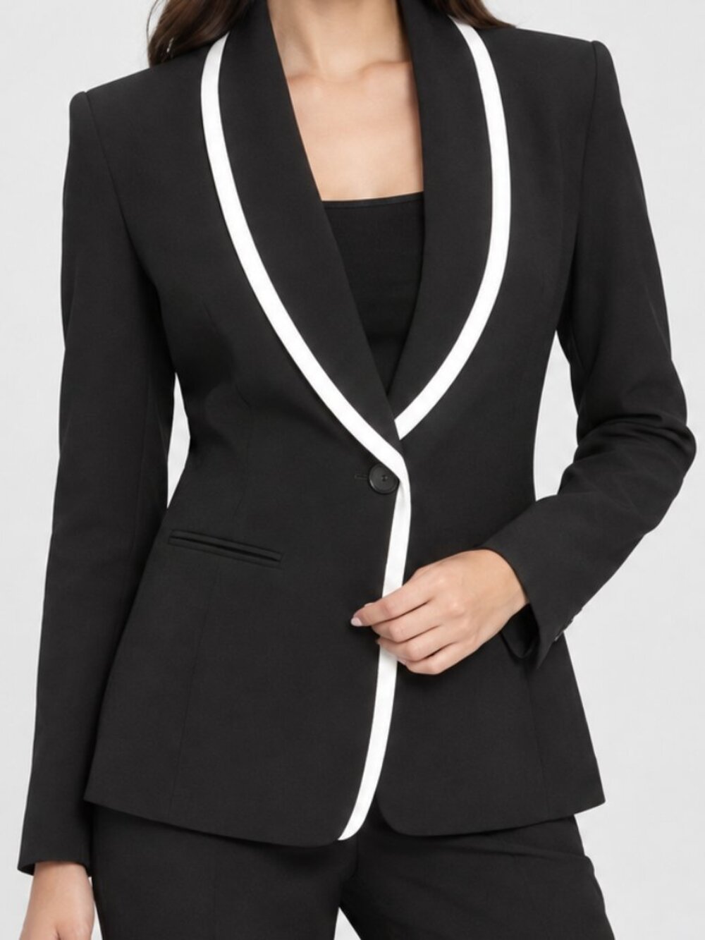Kasper Crepe Women's Size 6 One-Button White Trim Black Business Blazer